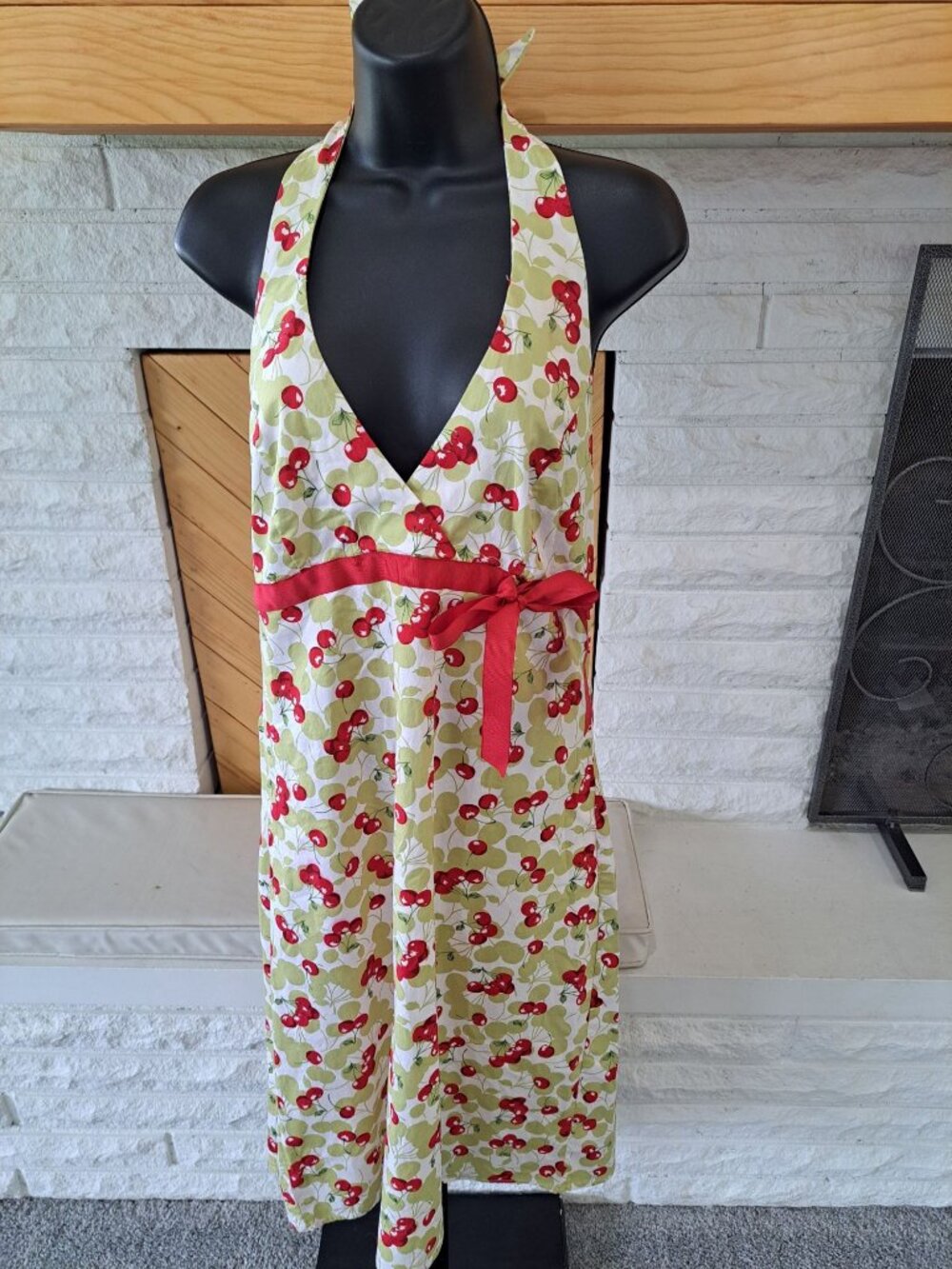 Y2K Cherry Print Halter Dress  Red Waist Tie Med Cotton/Spandex Bld Rockabilly